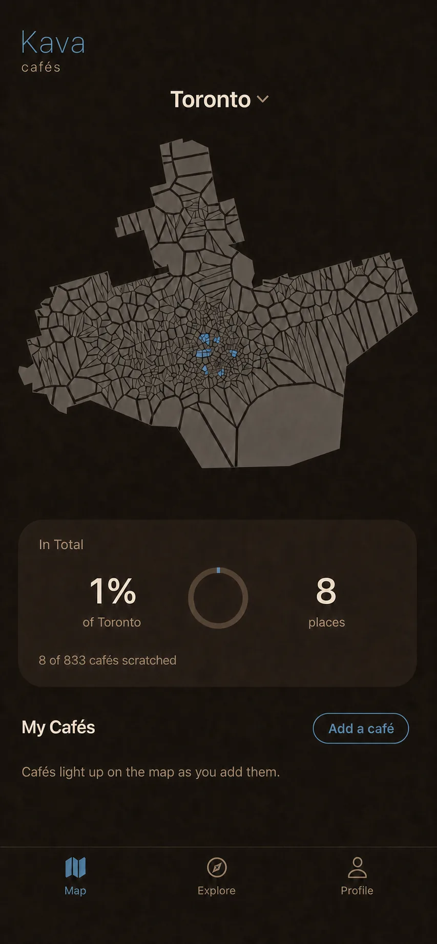 myKava Toronto map screen in dark mode