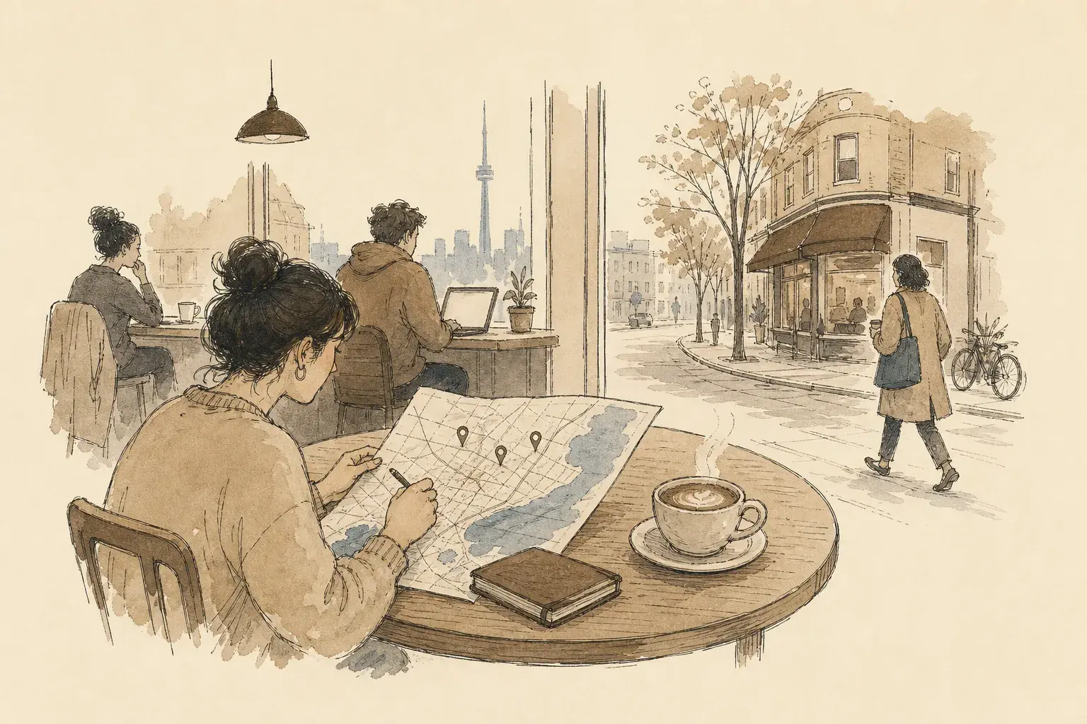 A woman marks cafés on a paper map at a café table beside a latte, with the CN Tower outside the window and an independent café across the street.