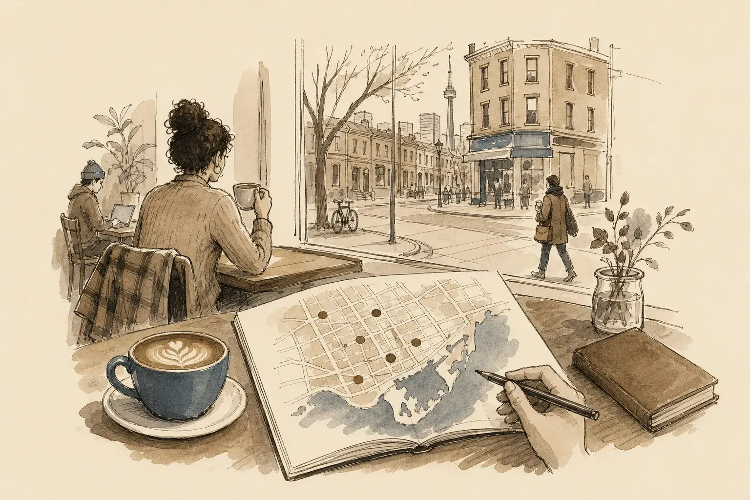 A woman drinks coffee at a café window that looks out on a Toronto street and the CN Tower, while a hand marks cafés on a paper city map beside a latte.