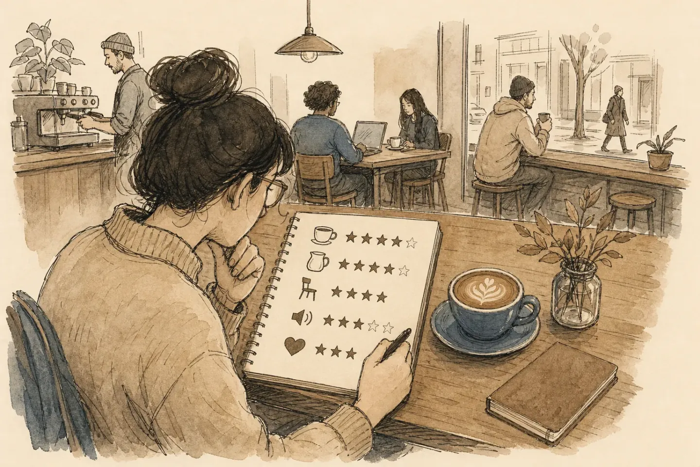A woman rates a coffee shop in her notebook, scoring the cup, the milk, the seat, the noise and the feel, beside a latte in a blue cup while others work on laptops.